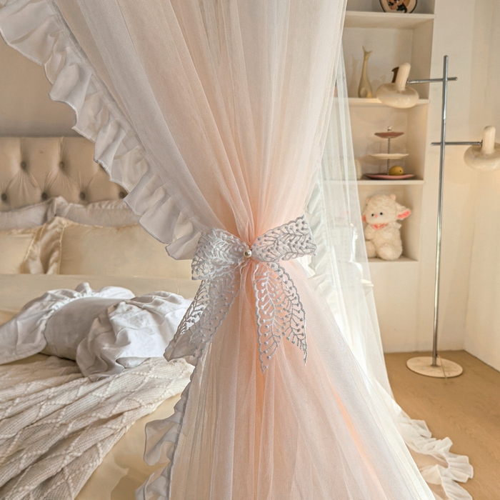 91家纺网 家纺一手货源 找家纺 夏彩  2025新款加柔加密铝合金接口高度可调节双层窗帘式导轨蚊帐88619 花语-玉