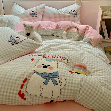 91家纺网 家纺一手货源 找家纺 （总）韩都家居 2025新款春夏新款水洗棉卡通毛巾绣四件套-西高地（包含买家秀）