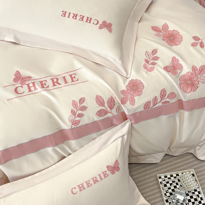 91家纺网 家纺一手货源 找家纺 桃园 2025新款洛芙琳系列纯棉全棉长绒棉刺绣绣花四件套(高端礼盒) 洛芙琳白粉