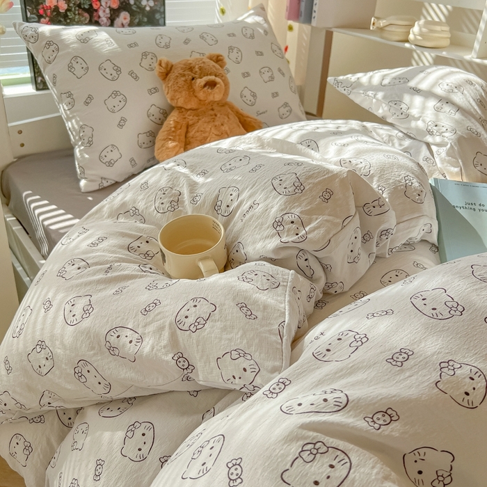91家纺网 家纺一手货源 找家纺 韩巢家纺 2025新款云感双层纱超柔裸睡级学生宿舍上下铺床单被套三件套-（提供卖家秀） 猫咪恋人