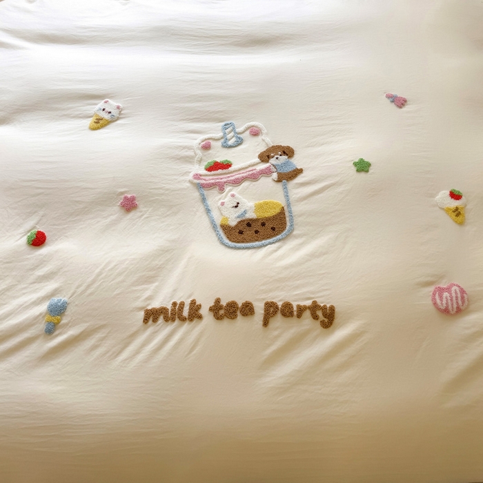 91家纺网 家纺一手货源 找家纺 梦之岛 2025新款ins韩版奶茶风云朵棉可爱毛巾绣四件套 奶茶-白蓝