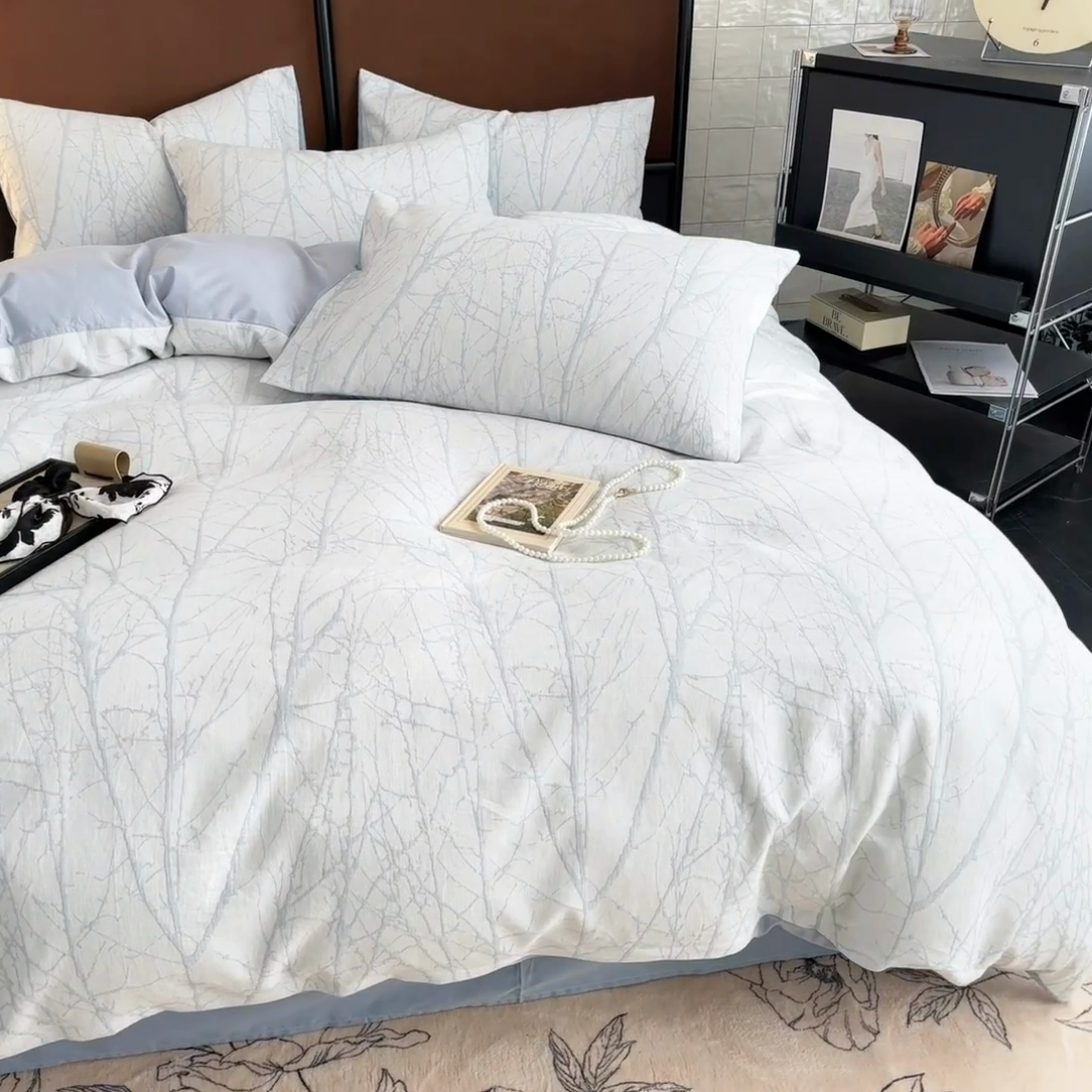 91家纺网 家纺一手货源 找家纺 眠博士2025新款AB版简约时尚A类全棉三层纱系列单被套 三层纱-春枝-蓝