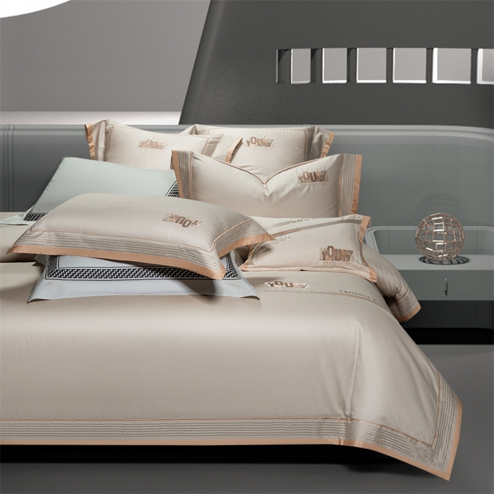 91家纺网 家纺一手货源 找家纺 高大尚婚庆馆 2025春夏新款 长绒棉高端绣花四件套-希米娅 卡其色