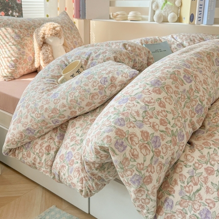 91家纺网 家纺一手货源 找家纺 （总）韩巢家纺 2025新款云感双层纱超柔裸睡级学生宿舍上下铺床单被套三件套-（提供卖家秀）