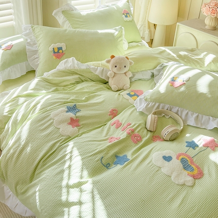 91家纺网 家纺一手货源 找家纺 （总）韩都家居 2025新款韩版卡通风水洗棉毛巾绣四件套系列-云朵（包含买家秀）