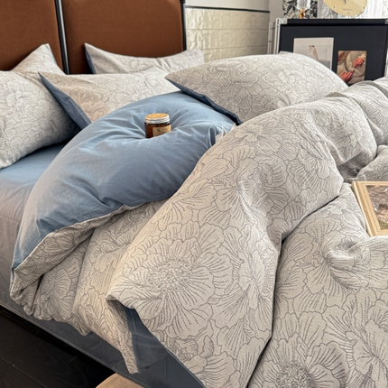 眠博士 2025新款AB版简约时尚A类全棉三层纱系列四件套 三层纱-山茶花-灰蓝