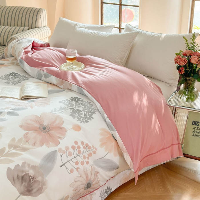 91家纺网 家纺一手货源 找家纺 7V 2025全棉被套133*76纯棉轻奢宽边单被套喷气长绒棉面料 春景-粉