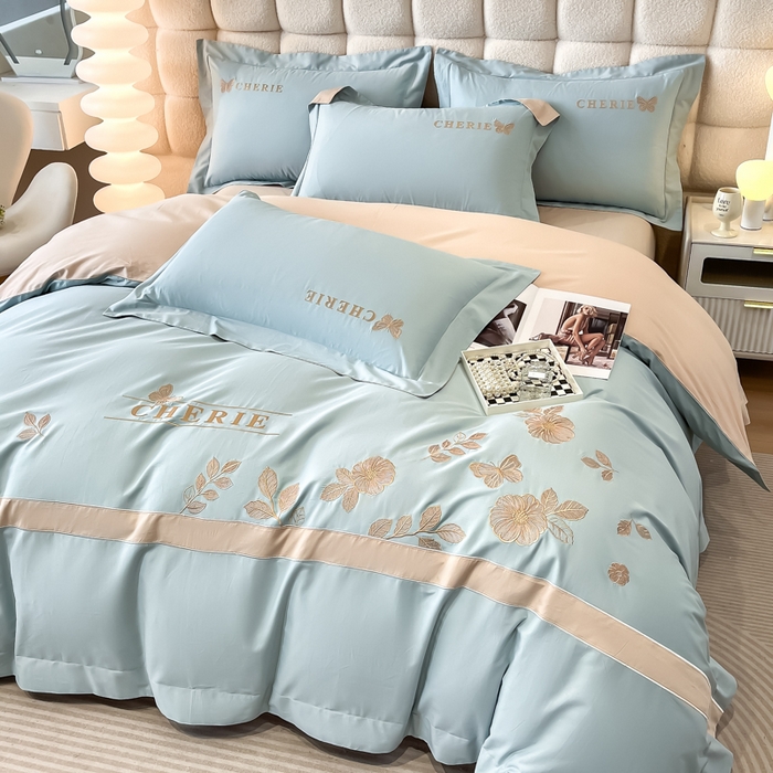 91家纺网 家纺一手货源 找家纺 桃园 2025新款洛芙琳系列纯棉全棉长绒棉刺绣绣花四件套(高端礼盒) 洛芙琳飘蓝