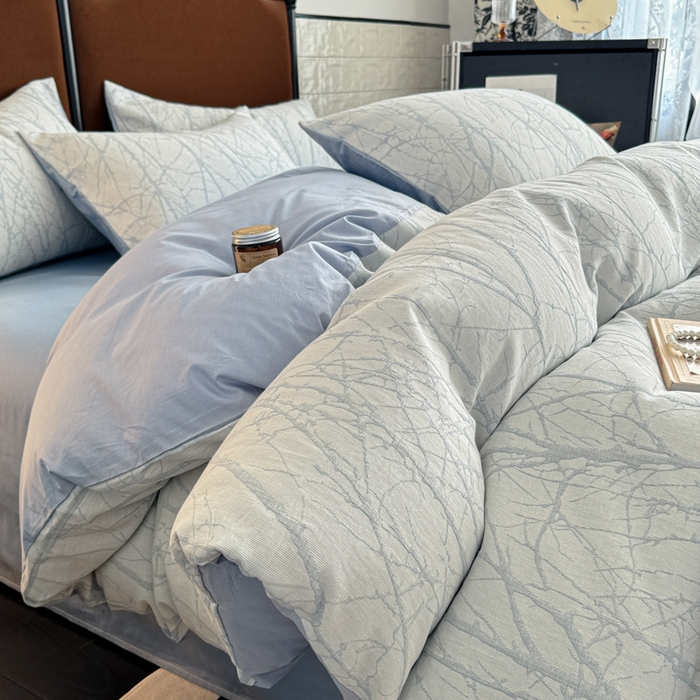 91家纺网 家纺一手货源 找家纺 眠博士2025新款AB版简约时尚A类全棉三层纱系列单被套 三层纱-春枝-蓝