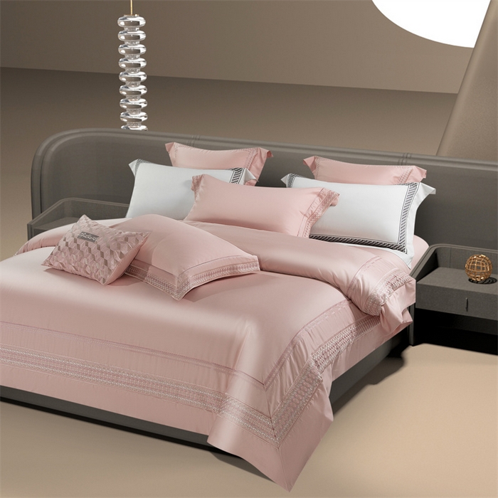 91家纺网 家纺一手货源 找家纺 高大尚婚庆馆 2025春夏新款 长绒棉高端绣花四件套-希尔顿 落樱粉