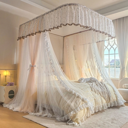 91家纺网 家纺一手货源 找家纺 夏彩  2025新款加柔加密铝合金接口高度可调节双层窗帘式导轨蚊帐88619 花语-玉