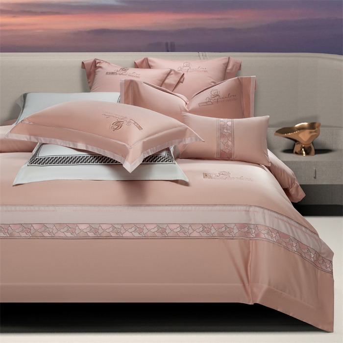 91家纺网 家纺一手货源 找家纺 高大尚婚庆馆 2025春夏新款 长绒棉高端绣花四件套-海歌娜 海歌娜-落樱粉