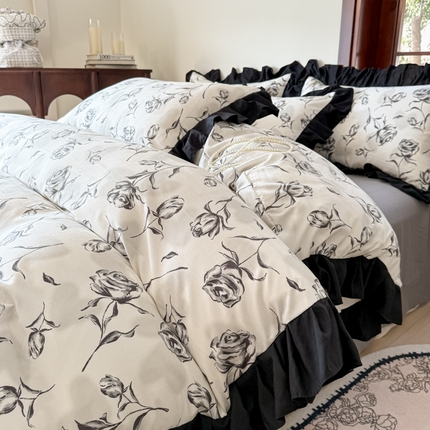 91家纺网 家纺一手货源 找家纺 晚爱  2025新款法式花边水洗棉四件套赫本风韩版针织云朵棉三件套 法式风-玫瑰