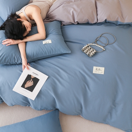 眠博士 2025新款高支高密全棉双拼40支纯色四件套场景二 全棉拼色-宝蓝+银灰