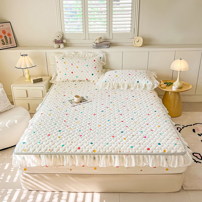 91家纺网 家纺一手货源 找家纺 （总）眠势力 2025新款韩版花边床笠款四件套雪纺公主风ins夹棉四季通用席梦思保护套