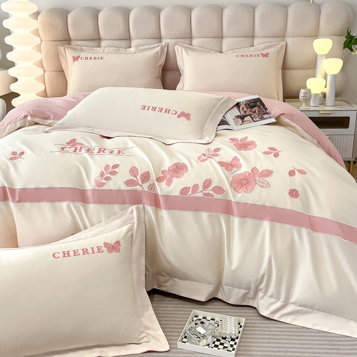 91家纺网 家纺一手货源 找家纺 桃园 2025新款洛芙琳系列纯棉全棉长绒棉刺绣绣花四件套(高端礼盒) 洛芙琳白粉