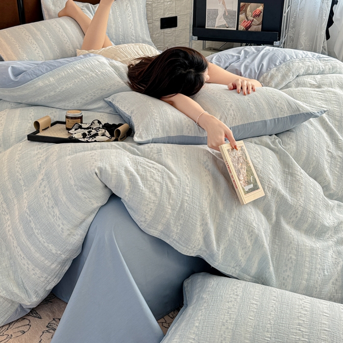 91家纺网 家纺一手货源 找家纺 眠博士2025新款AB版简约时尚A类全棉三层纱系列单被套 三层纱-时光-蓝