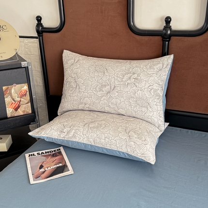 眠博士2025新款AB版简约时尚A类全棉三层纱系列单枕套 三层纱-山茶花-灰蓝