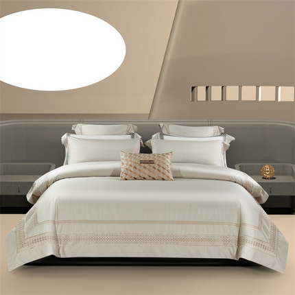 高大尚婚庆馆 2025春夏新款 长绒棉高端绣花四件套-希尔顿 香槟金