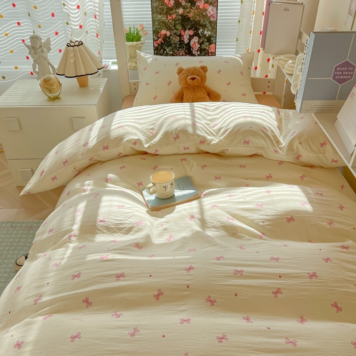 91家纺网 家纺一手货源 找家纺 韩巢家纺 2025新款云感双层纱超柔裸睡级学生宿舍上下铺床单被套三件套-（提供卖家秀） 粉相思