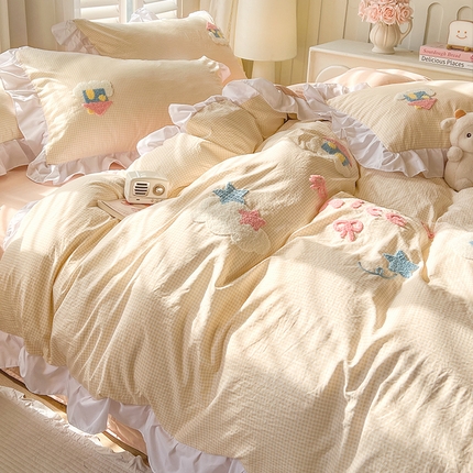 91家纺网 家纺一手货源 找家纺 （总）韩都家居 2025新款韩版卡通风水洗棉毛巾绣四件套系列-云朵（包含买家秀）