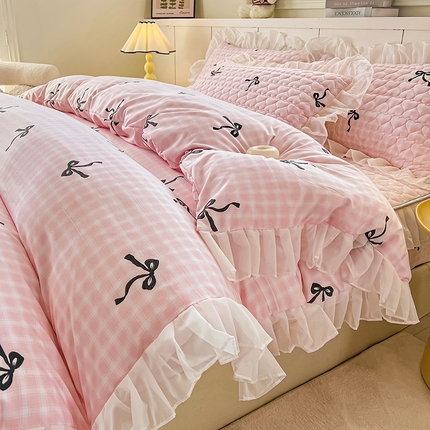 眠势力 2025新款韩版花边床笠款四件套雪纺公主风ins夹棉四季通用席梦思保护套 粉格蝴蝶结