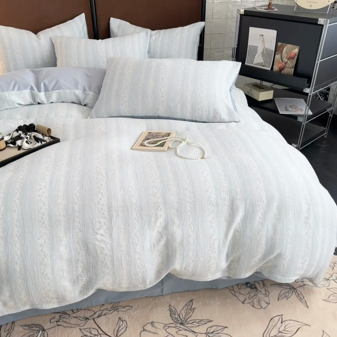 91家纺网 家纺一手货源 找家纺 眠博士2025新款AB版简约时尚A类全棉三层纱系列单被套 三层纱-时光-蓝