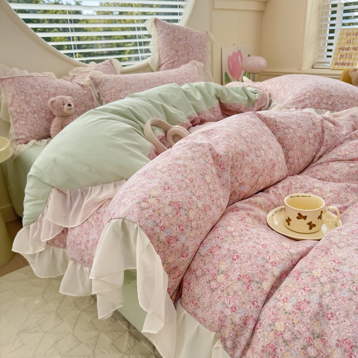 91家纺网 家纺一手货源 找家纺 橘子家 2025新款云纱四件套 蔷薇花开