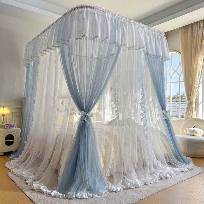 91家纺网 家纺一手货源 找家纺 夏彩  2025新款加柔加密铝合金接口高度可调节双层窗帘式导轨蚊帐88619 花语-兰