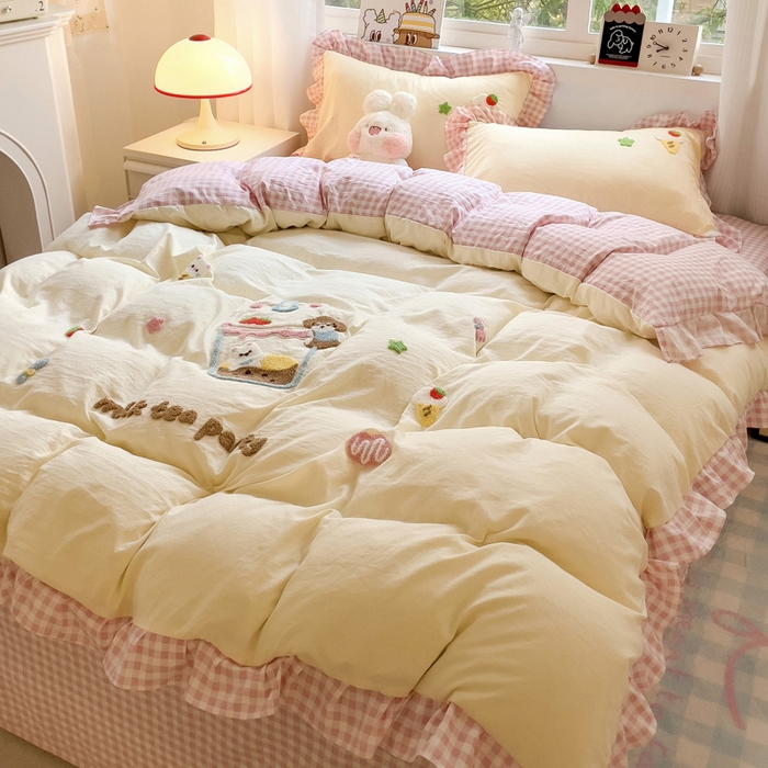 91家纺网 家纺一手货源 找家纺 梦之岛 2025新款ins韩版奶茶风云朵棉可爱毛巾绣四件套 奶茶-白粉