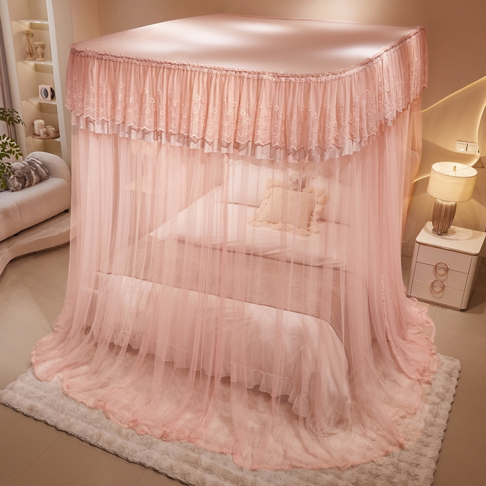 91家纺网 家纺一手货源 找家纺 夏彩 2025新款绣花加柔加密铝合金接口高度可调节轨道蚊帐88620 88620浅粉玉