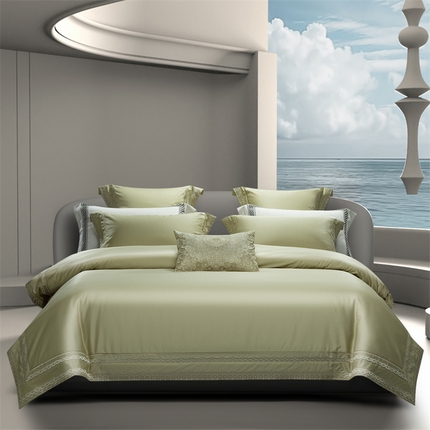 高大尚婚庆馆 2025春夏新款 长绒棉高端绣花四件套-宝格丽 宝格丽-油果绿