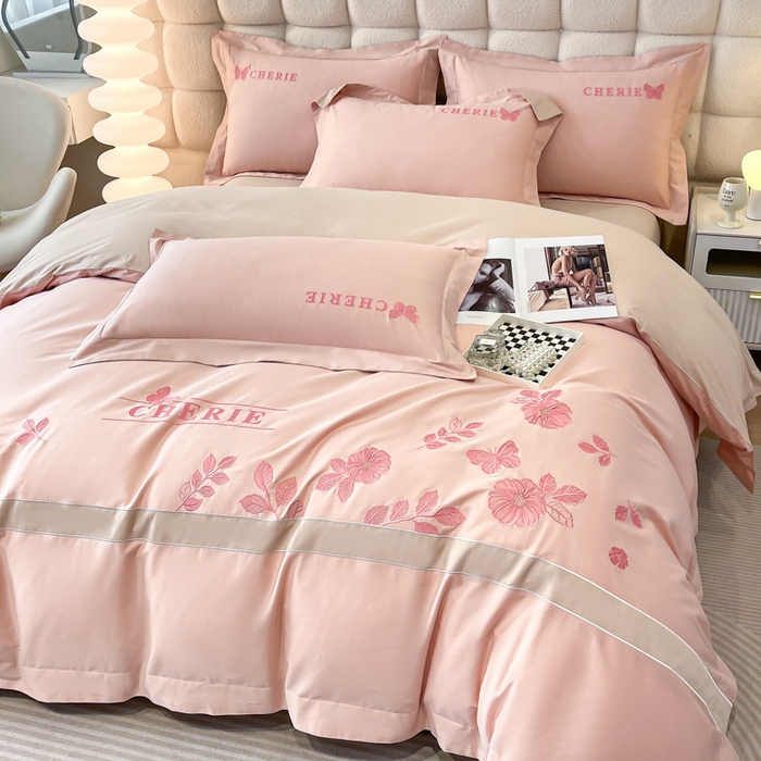 91家纺网 家纺一手货源 找家纺 桃园 2025新款洛芙琳系列纯棉全棉长绒棉刺绣绣花四件套(高端礼盒) 洛芙琳轻奢粉