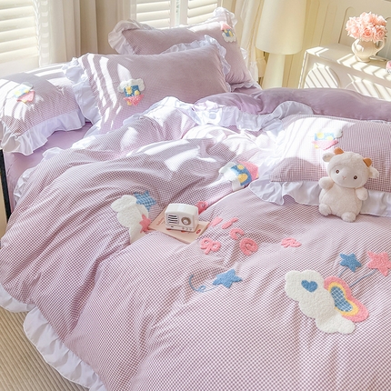 91家纺网 家纺一手货源 找家纺 （总）韩都家居 2025新款韩版卡通风水洗棉毛巾绣四件套系列-云朵（包含买家秀）