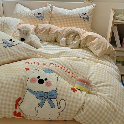 91家纺网 家纺一手货源 找家纺 （总）韩都家居 2025新款春夏新款水洗棉卡通毛巾绣四件套-西高地（包含买家秀）