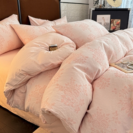 眠博士 2025新款AB版简约时尚A类全棉三层纱系列四件套 三层纱-玫瑰花-粉