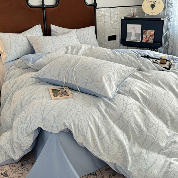 91家纺网 家纺一手货源 找家纺 眠博士2025新款AB版简约时尚A类全棉三层纱系列单被套 三层纱-春枝-蓝