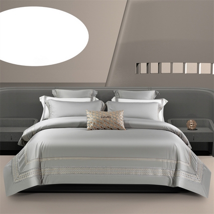 91家纺网 家纺一手货源 找家纺 高大尚婚庆馆 2025春夏新款 长绒棉高端绣花四件套-希尔顿 绅士灰