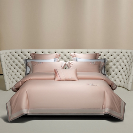 高大尚婚庆馆 2025春夏新款 长绒棉高端绣花四件套-婉芙 落樱粉