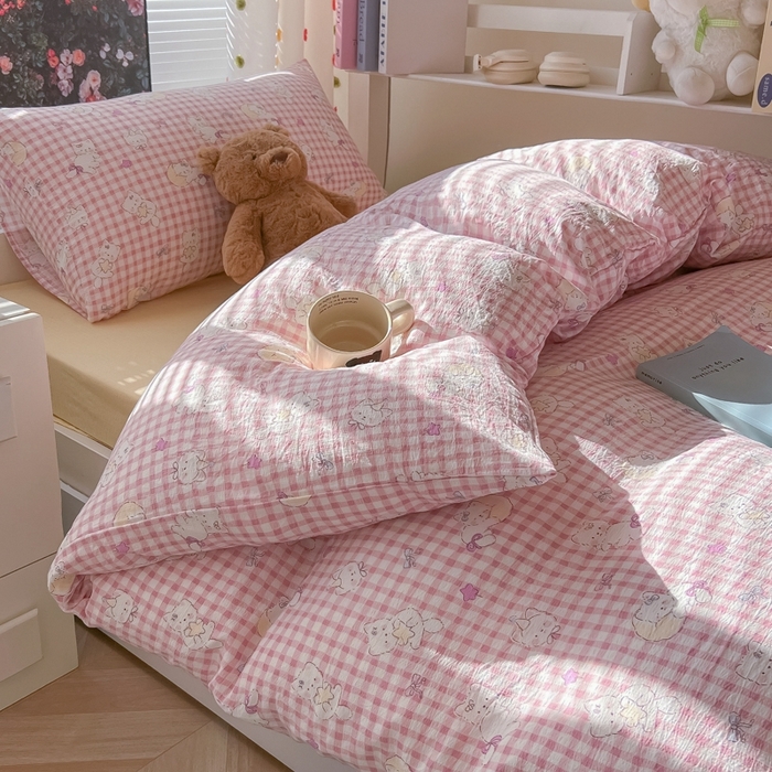 91家纺网 家纺一手货源 找家纺 韩巢家纺 2025新款云感双层纱超柔裸睡级学生宿舍上下铺床单被套三件套-（提供卖家秀） 猫猫晚宴