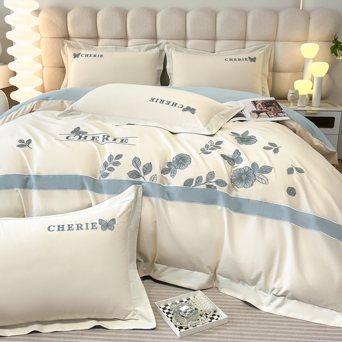 91家纺网 家纺一手货源 找家纺 桃园 2025新款洛芙琳系列纯棉全棉长绒棉刺绣绣花四件套(高端礼盒) 洛芙琳白兰