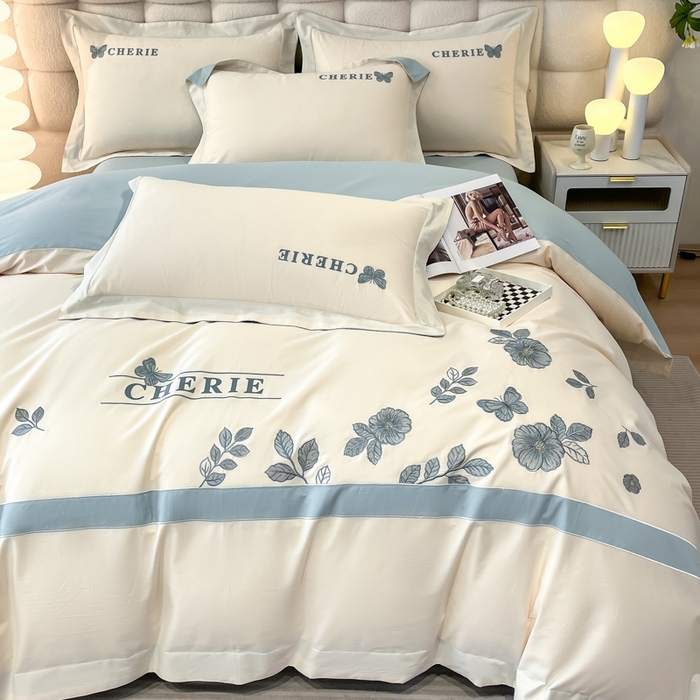 91家纺网 家纺一手货源 找家纺 桃园 2025新款洛芙琳系列纯棉全棉长绒棉刺绣绣花四件套(高端礼盒) 洛芙琳白兰