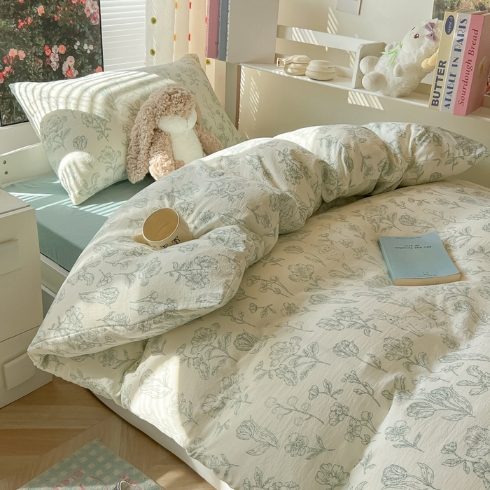 91家纺网 家纺一手货源 找家纺 韩巢家纺 2025新款云感双层纱超柔裸睡级学生宿舍上下铺床单被套三件套-（提供卖家秀） 海像森林