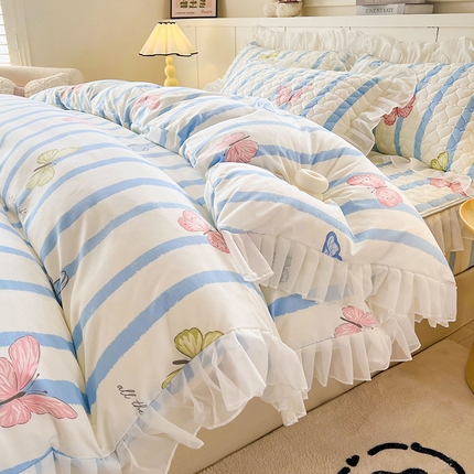 91家纺网 家纺一手货源 找家纺 眠势力 2025新款韩版花边床笠款四件套雪纺公主风ins夹棉四季通用席梦思保护套 花蝴蝶