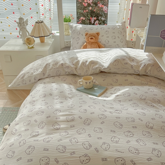 91家纺网 家纺一手货源 找家纺 韩巢家纺 2025新款云感双层纱超柔裸睡级学生宿舍上下铺床单被套三件套-（提供卖家秀） 猫咪恋人