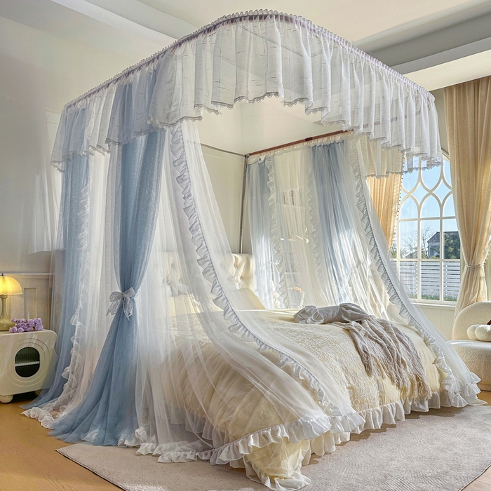 91家纺网 家纺一手货源 找家纺 夏彩  2025新款加柔加密铝合金接口高度可调节双层窗帘式导轨蚊帐88619 花语-兰