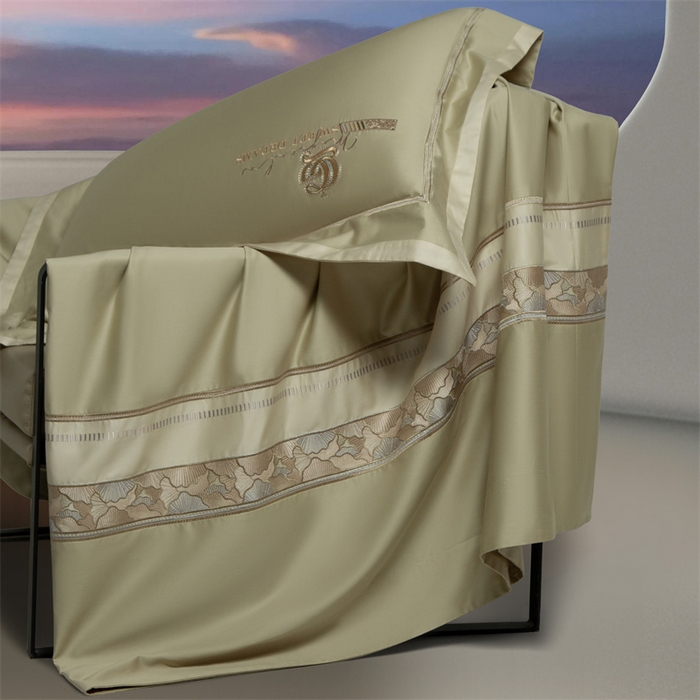 91家纺网 家纺一手货源 找家纺 高大尚婚庆馆 2025春夏新款 长绒棉高端绣花四件套-海歌娜 海歌娜-油果绿