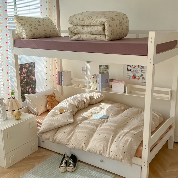 91家纺网 家纺一手货源 找家纺 （总）韩巢家纺 2025新款云感双层纱超柔裸睡级学生宿舍上下铺床单被套三件套-（提供卖家秀）