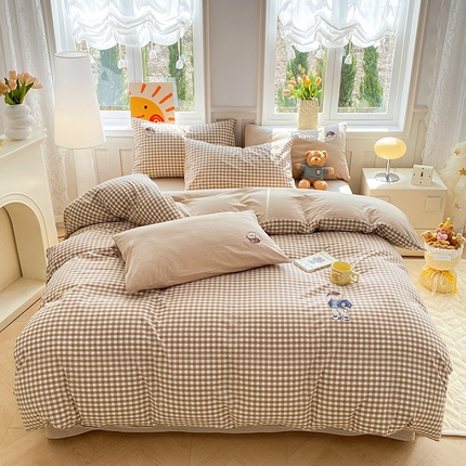 91家纺网 家纺一手货源 找家纺 （总）大境 2026新款色织全棉水洗棉刺绣四件套小清新纯棉四件套