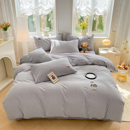 大境 2026新款色织全棉水洗棉刺绣四件套小清新纯棉四件套 篮球小熊-细条灰